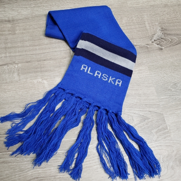 Retro ALASKA Vintage Knit Scarf Blue Tassel Knitted - Picture 2 of 6